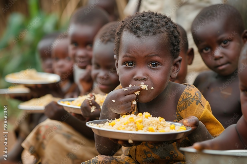 Many African children eating.