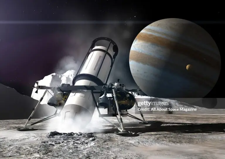 Artist rendering of a NASA drill probe on the icy surface of Europa, one of 79 Jovian moons, created on July 24, 2013. Jupiter and Io, another moon, are visible in the background. (Illustration by Adrian Mann/Future Publishing via Getty Images)
