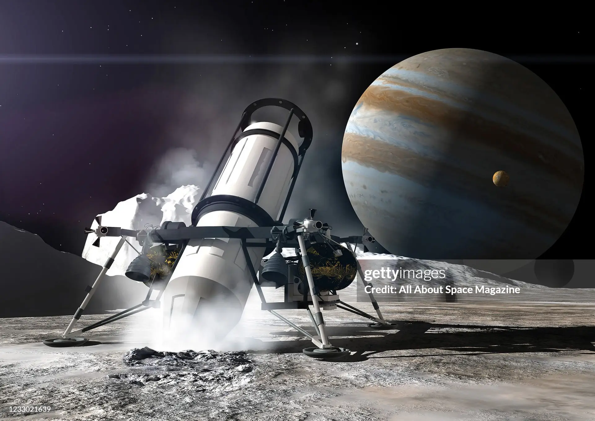 Artist rendering of a NASA drill probe on the icy surface of Europa, one of 79 Jovian moons, created on July 24, 2013. Jupiter and Io, another moon, are visible in the background. (Illustration by Adrian Mann/Future Publishing via Getty Images)